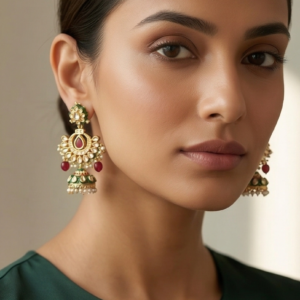 Mehrunissa Gold-Plated Kundan & Ruby Meenakari Jhumka Earrings