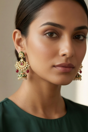 Mehrunissa Gold-Plated Kundan & Ruby Meenakari Jhumka Earrings