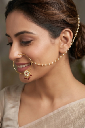 Heritage Bloom Kundan Nathni with Pearl Hair Chain