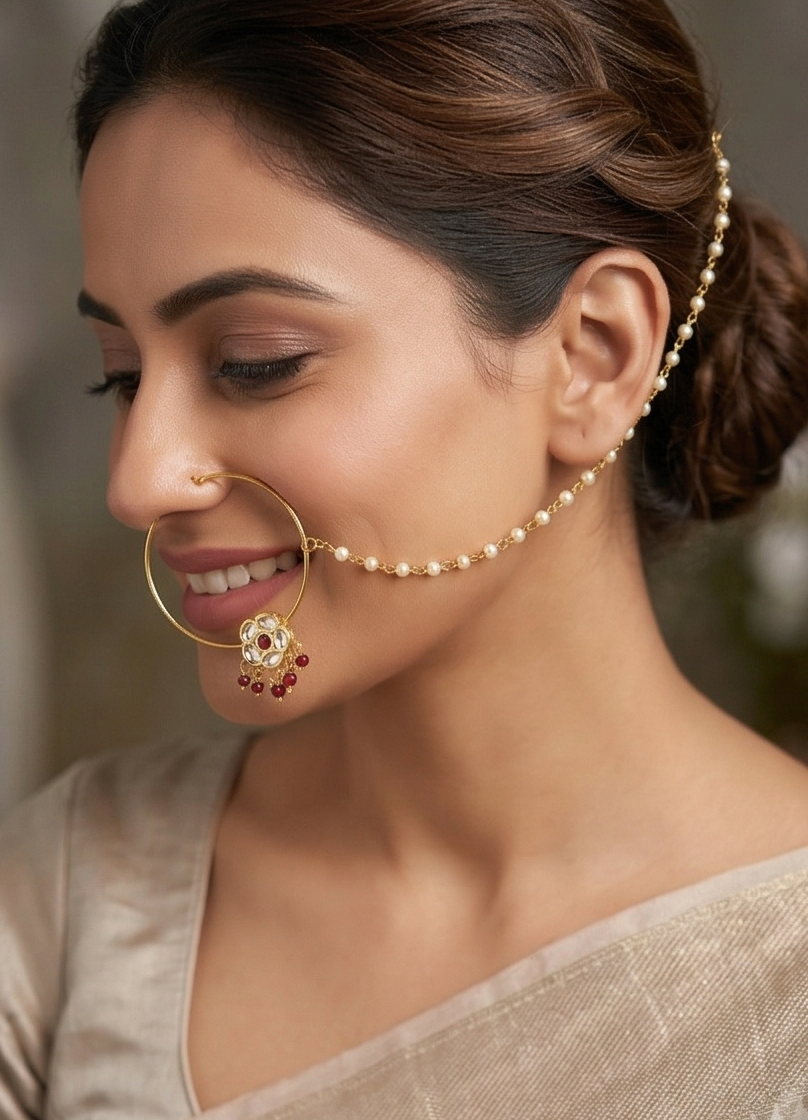 Heritage Bloom Kundan Nathni with Pearl Hair Chain