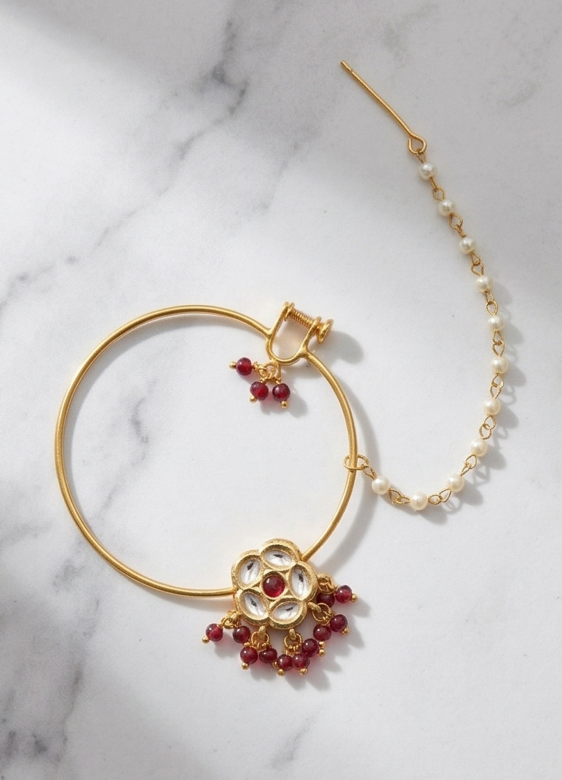 Heritage Bloom Kundan Nathni with Pearl Hair Chain - Image 3