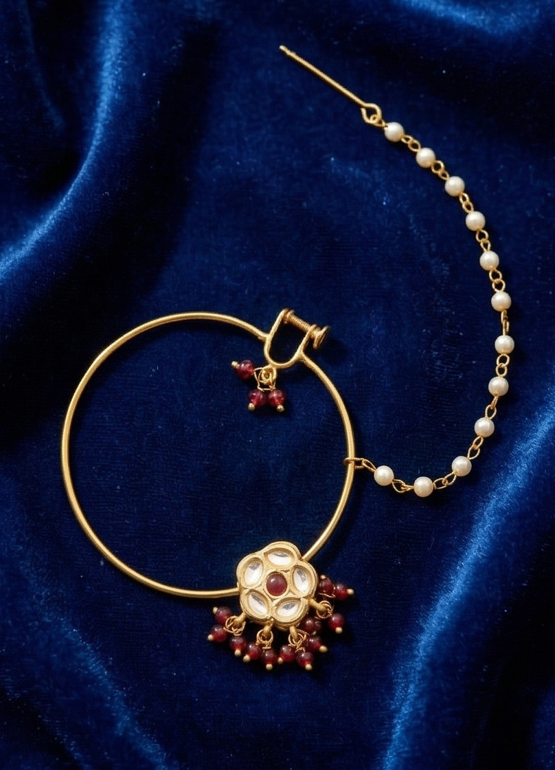 Heritage Bloom Kundan Nathni with Pearl Hair Chain - Image 4