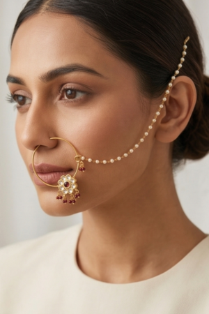 Heritage Bloom Kundan Nathni with Pearl Hair Chain