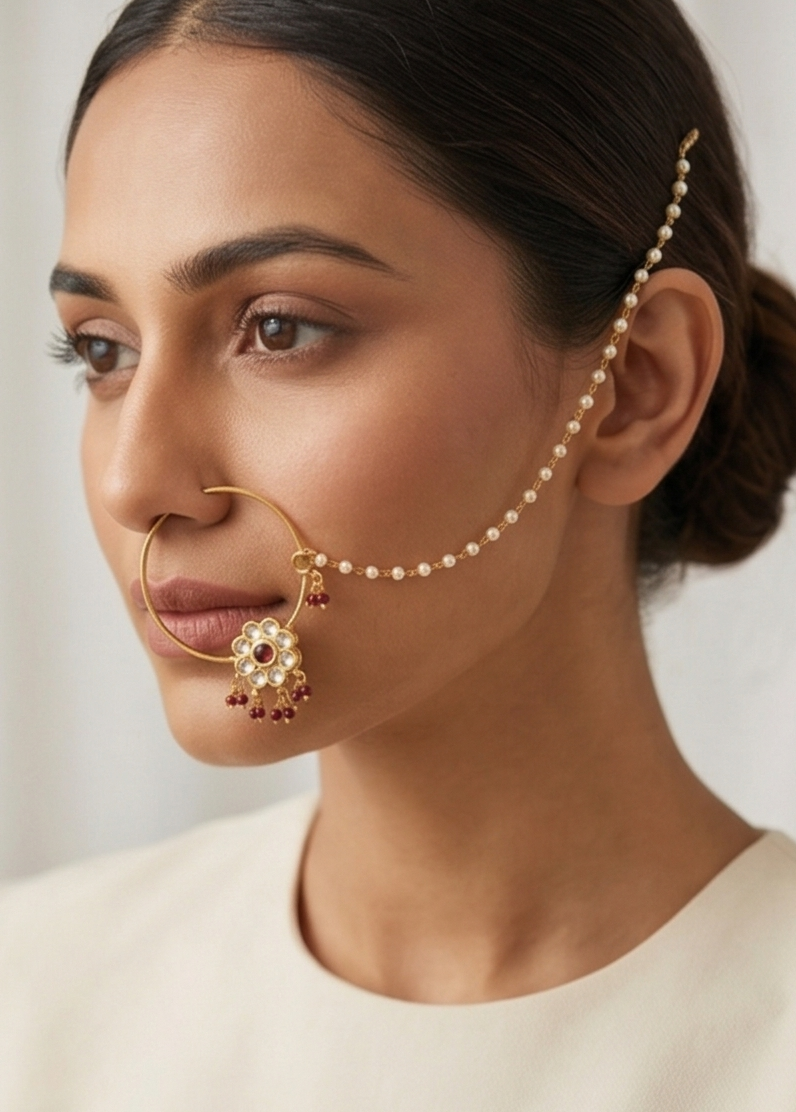 Heritage Bloom Kundan Nathni with Pearl Hair Chain