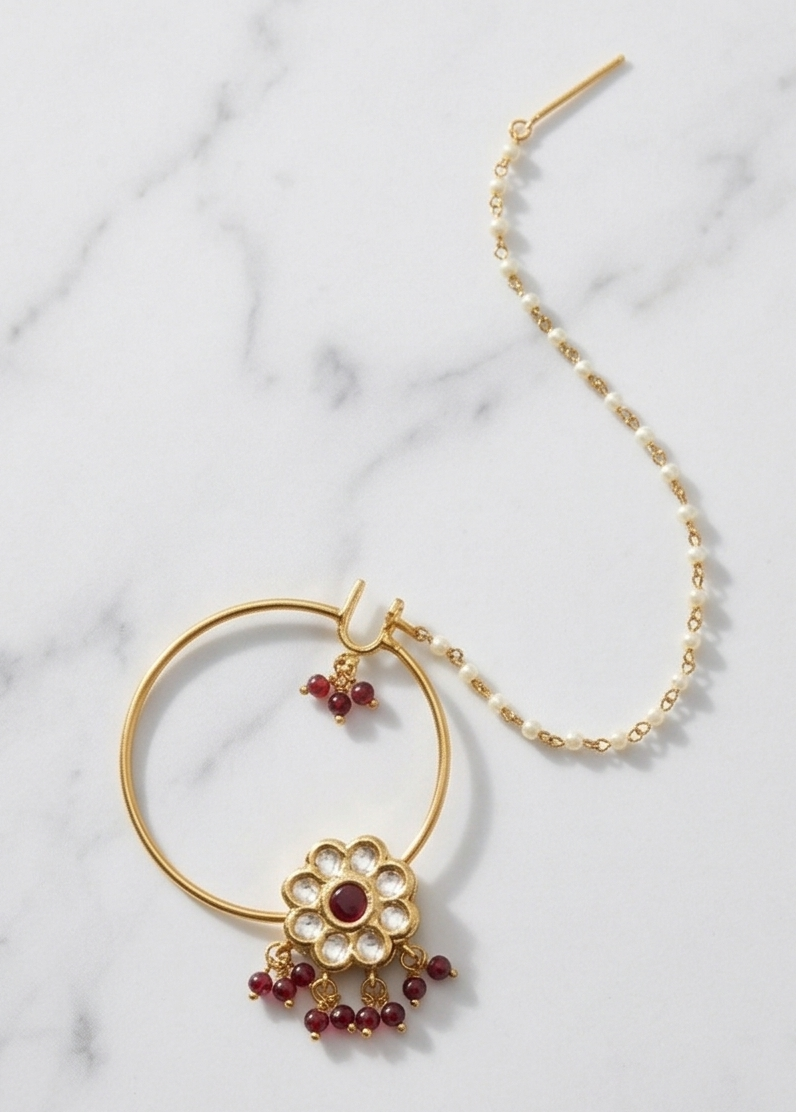 Heritage Bloom Kundan Nathni with Pearl Hair Chain - Image 3