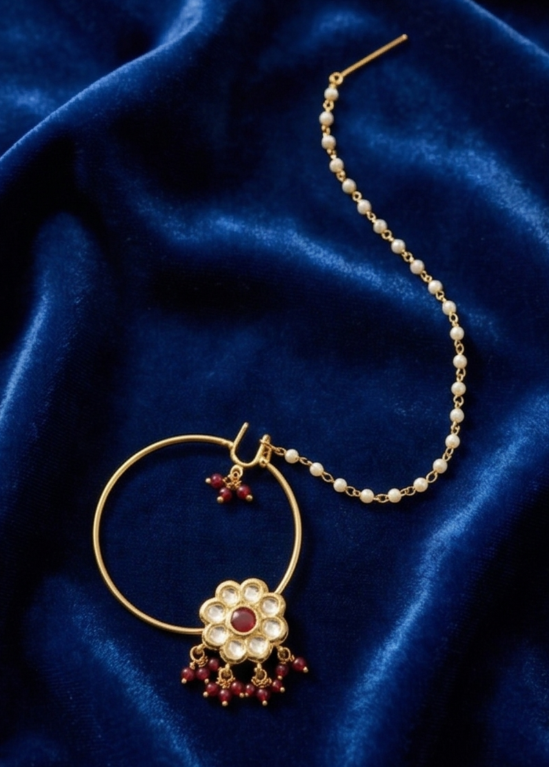 Heritage Bloom Kundan Nathni with Pearl Hair Chain - Image 4