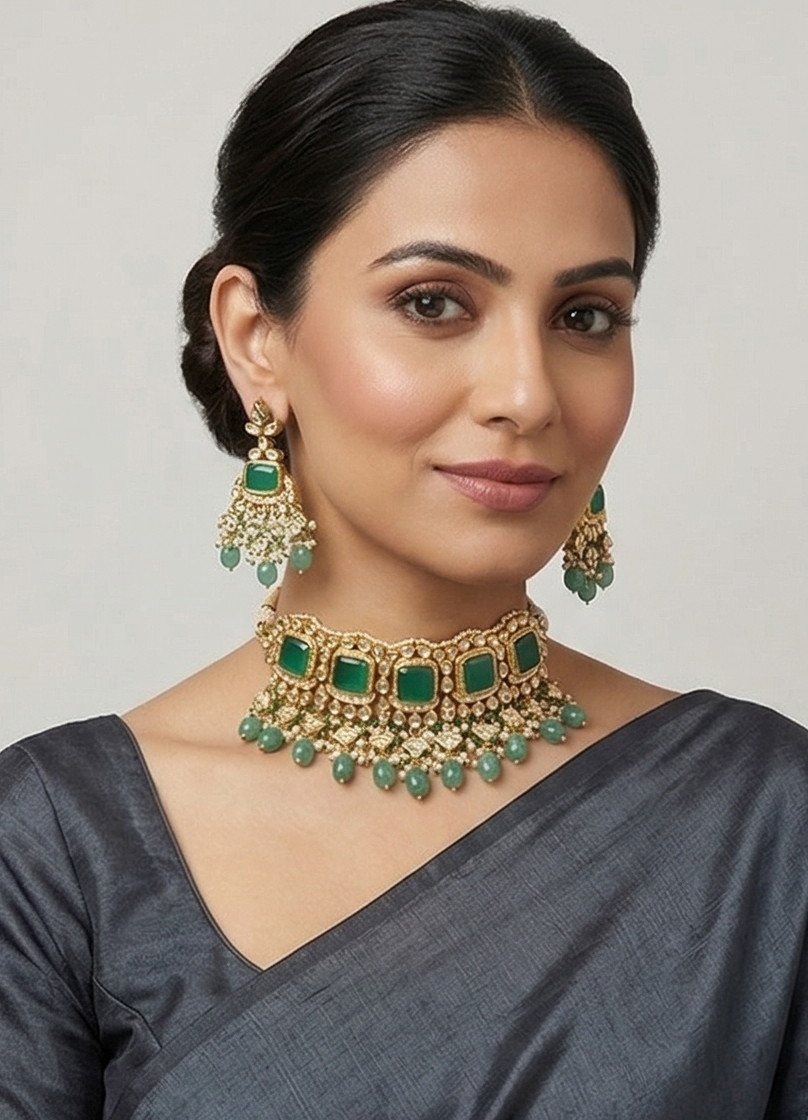 Glimique Regal Emerald-Toned Kundan Choker Set