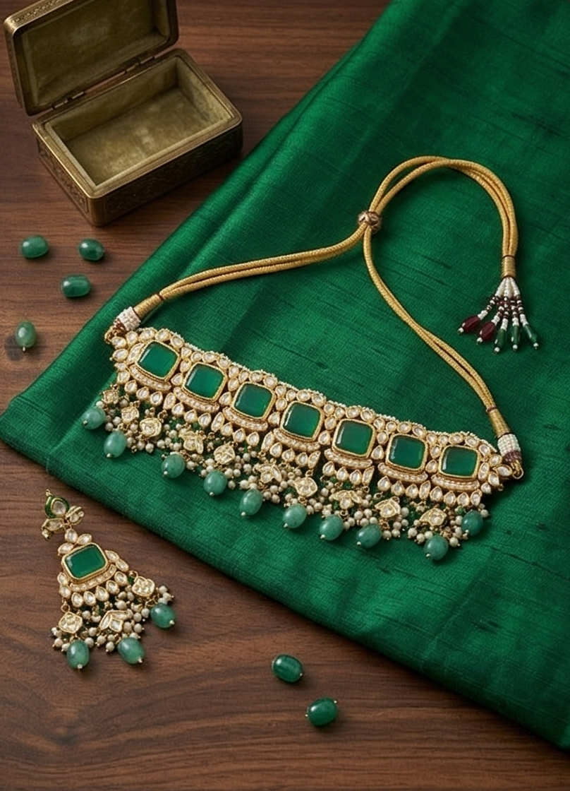 Glimique Regal Emerald-Toned Kundan Choker Set - Image 3