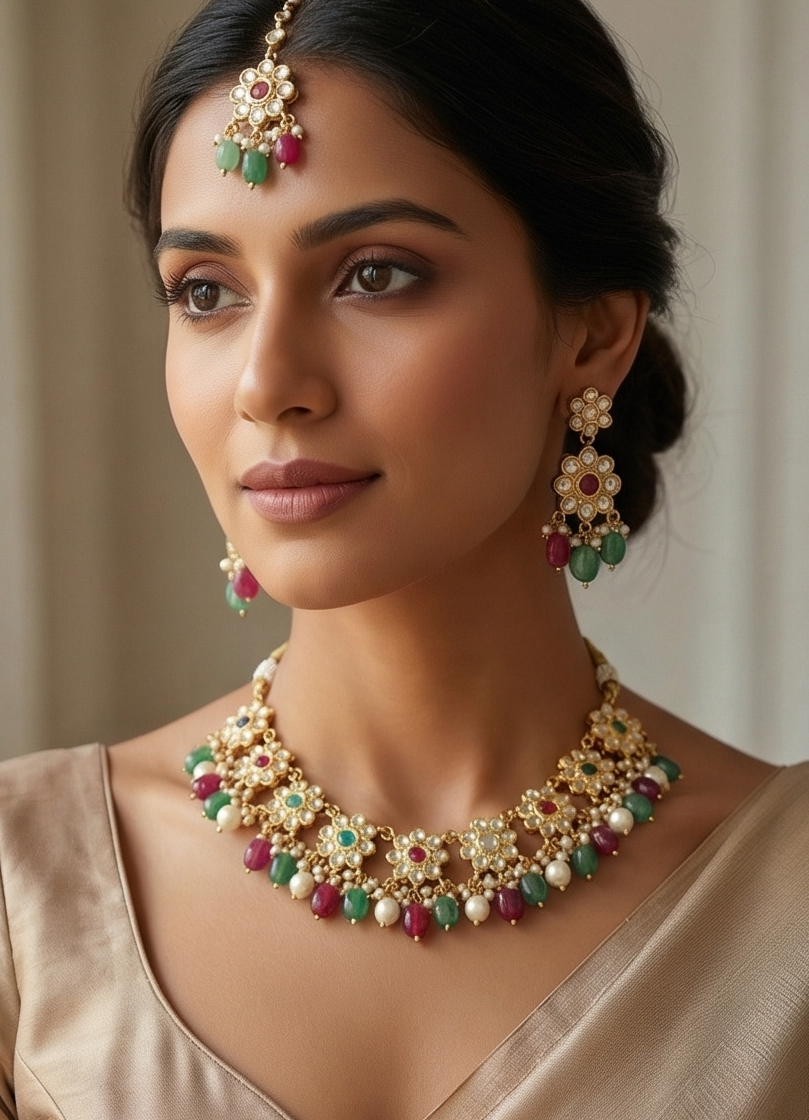 Navratna-Inspired Floral Bloom Choker Set