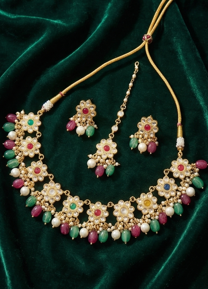 Navratna-Inspired Floral Bloom Choker Set - Image 2