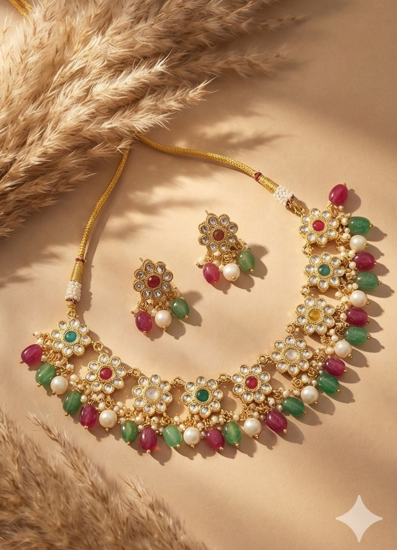 Navratna-Inspired Floral Bloom Choker Set - Image 3