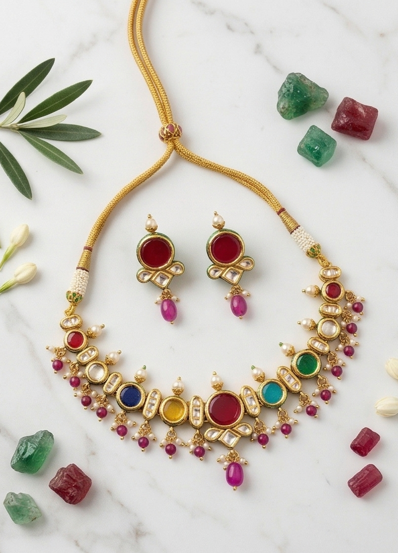 The "Rani" Heritage Multicolour Kundan Necklace Set - Image 3
