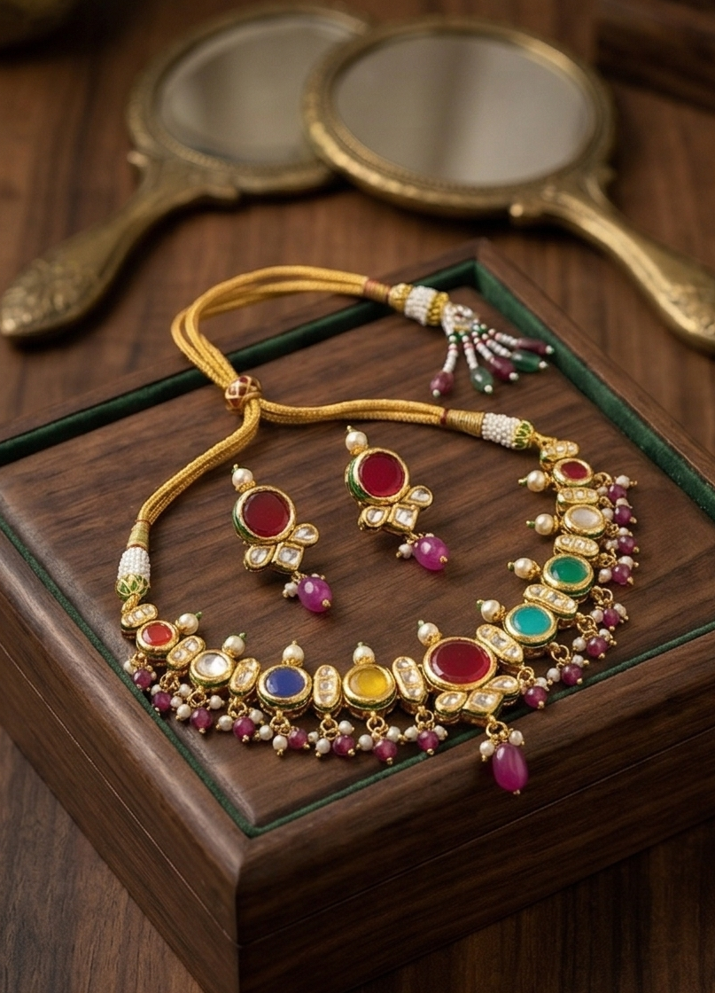 The "Rani" Heritage Multicolour Kundan Necklace Set - Image 2