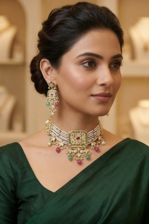 "Amara" Heritage Kundan & Ruby Emerald Choker Set