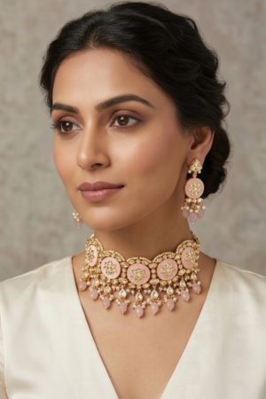 Handcrafted Rose Enamel Kundan Choker Set with Rose Quartz Drops