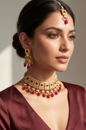 The Regal Maroon Kundan Choker Set with Maang Tikka