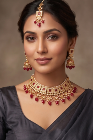 The Regal Ruby Kundan Choker Set with Maang Tikka