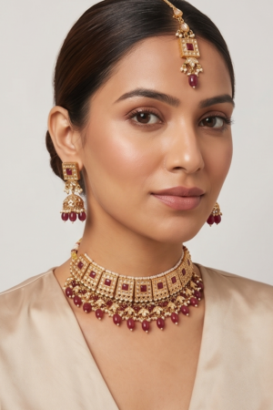 The Regal Maroon Kundan Choker Set with Maang Tikka
