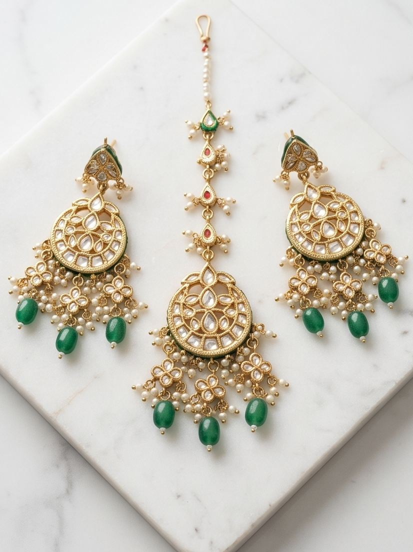 The Noor-ul-Haya Kundan & Emerald Pearl Set - Image 2