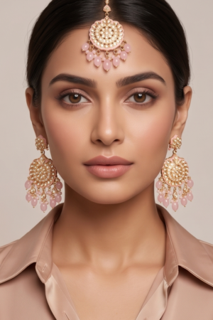 Blush Blossom Kundan & Pink Bead Earring and Maang Tikka Set