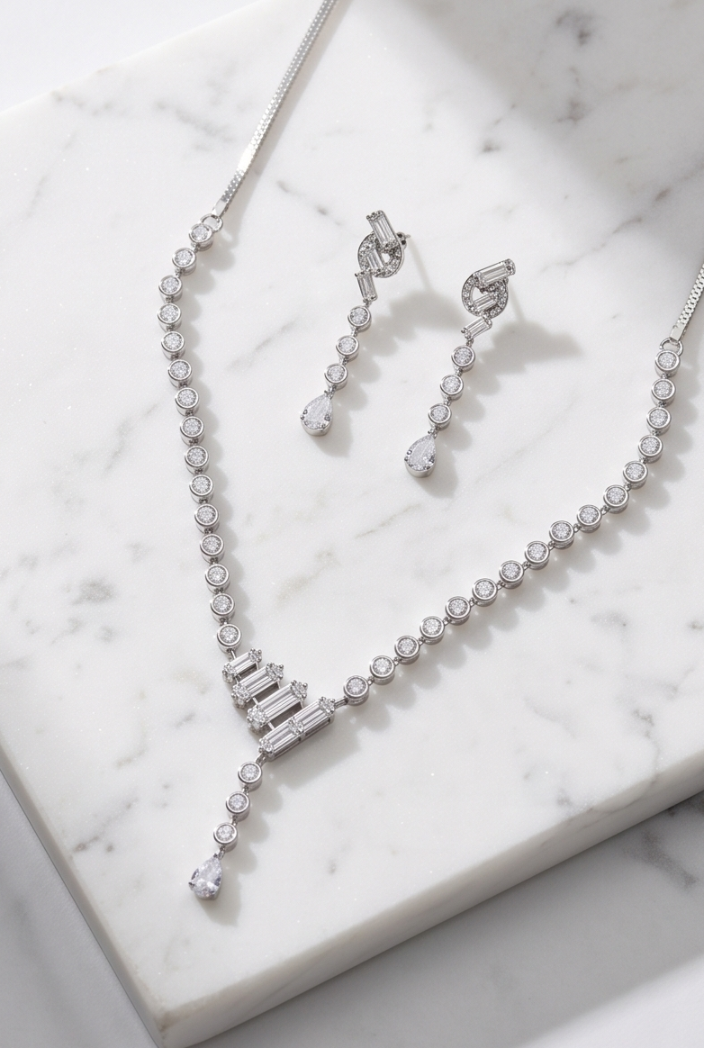The Lumina Cascading Baguette & Solitaire Y-Drop Necklace Set - Image 2